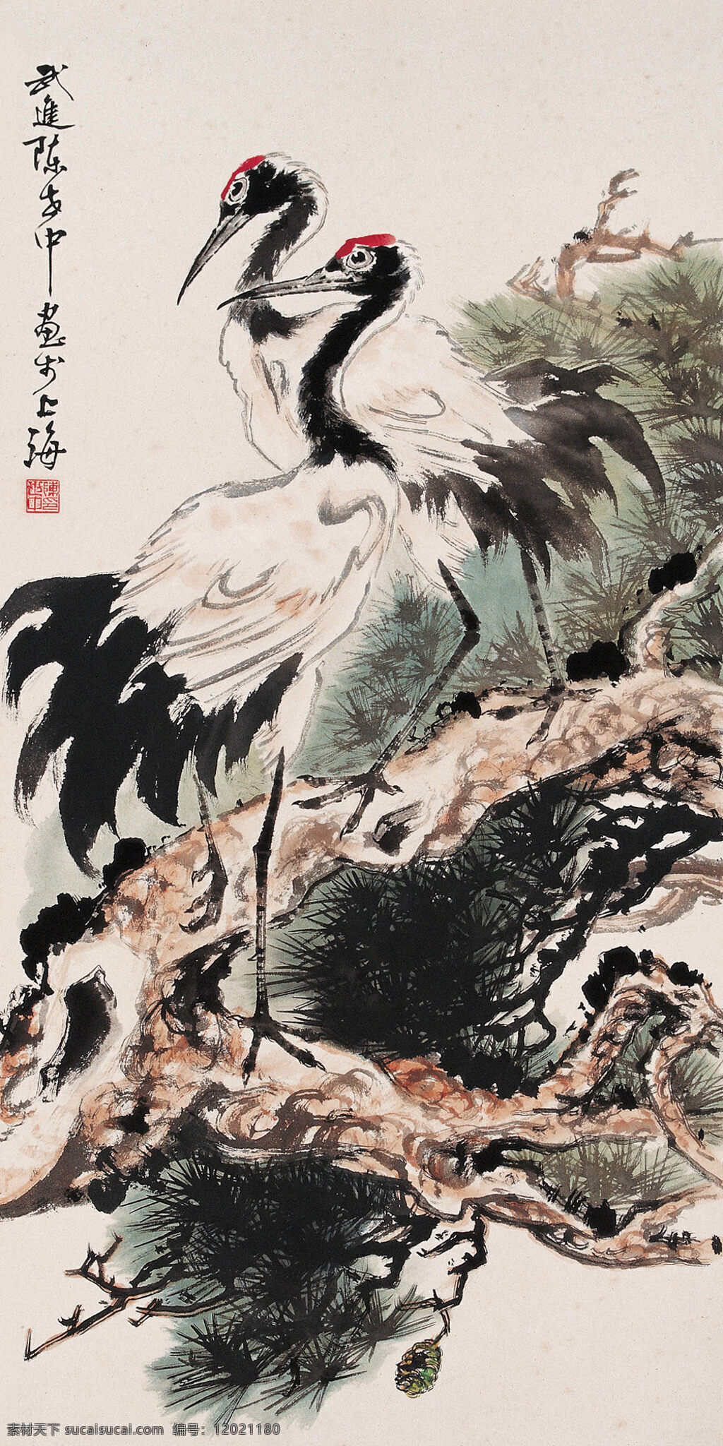 瑞景 双鹤 刺绣 仙鹤 中国画 镜心 写意花鸟画 青松 陈世中作品 工艺美术 平面广告 装饰设计 文化艺术