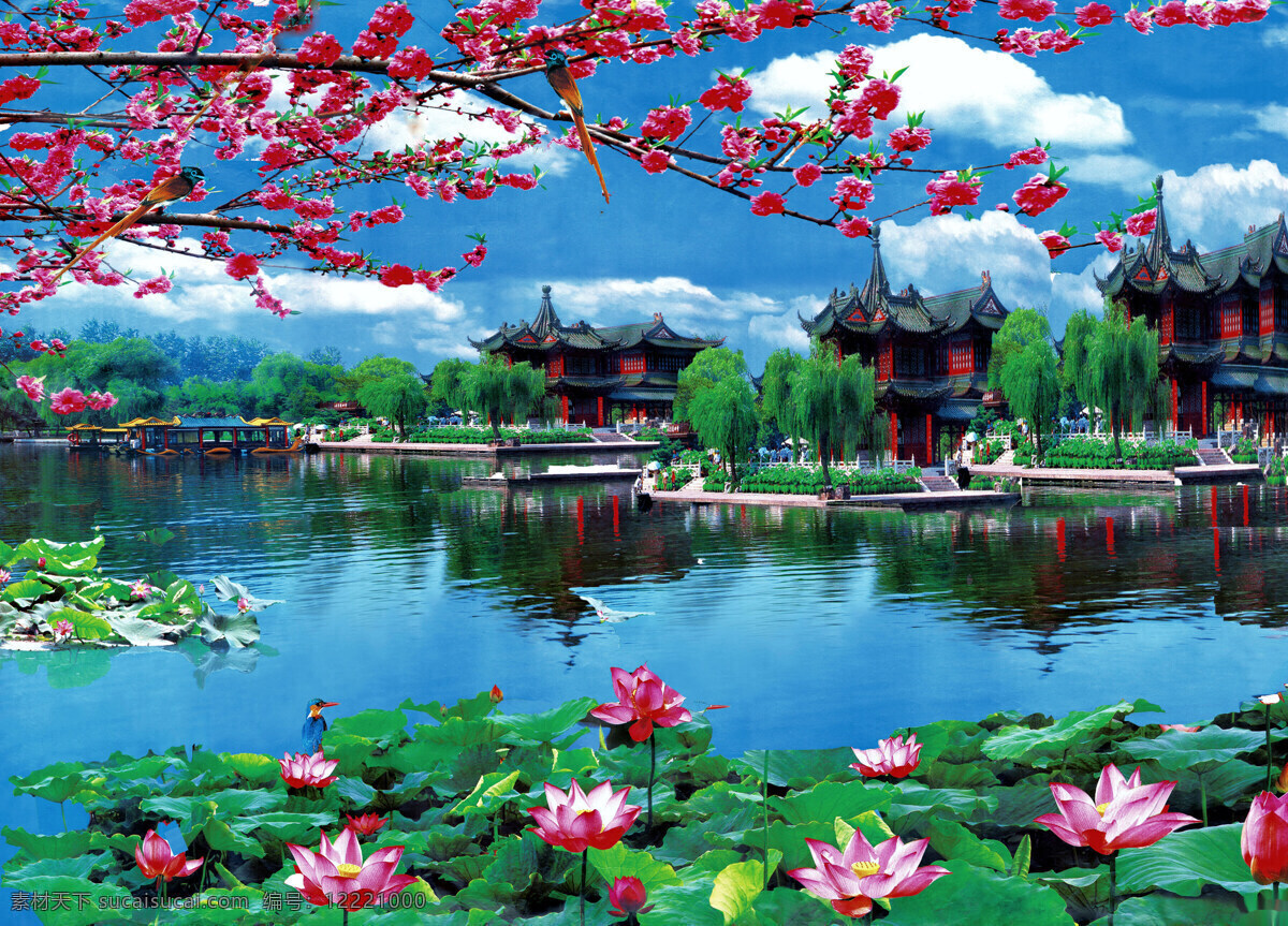桃花 湖面 风景 背景 墙 背景墙 壁纸 高分辨率图片 高清大图 建筑 装饰 装饰设计 空间建筑 装修 无框画