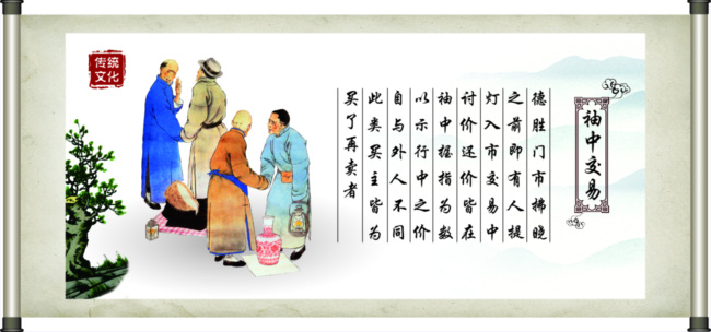 袖中交易展板 传统文化 展板 中国风 中国元素 卷轴 国画 展板模板 国学