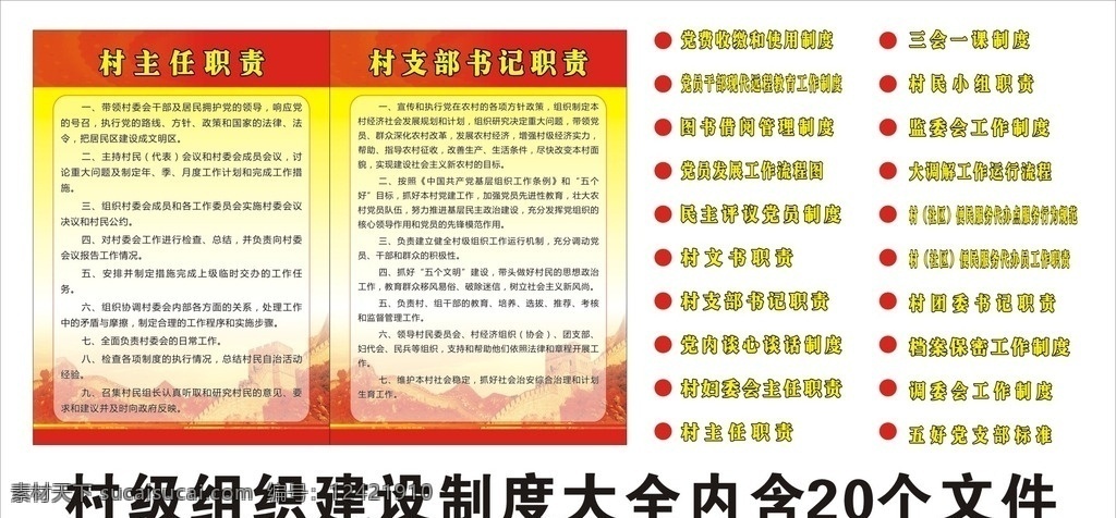 村级 组织建设 制度 大全 档案保密 党费收缴 三会一课 监委会制度 图书借阅制度 村民小组职责 村支书职责 制度牌 文化艺术 传统文化