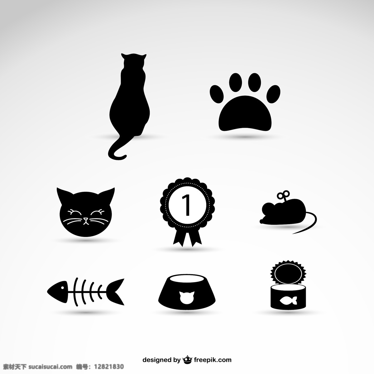 黑猫 猫咪 咪咪 猫猫 脚印 鱼刺 黑色 矢量 可爱 老鼠 标志图标 网页小图标