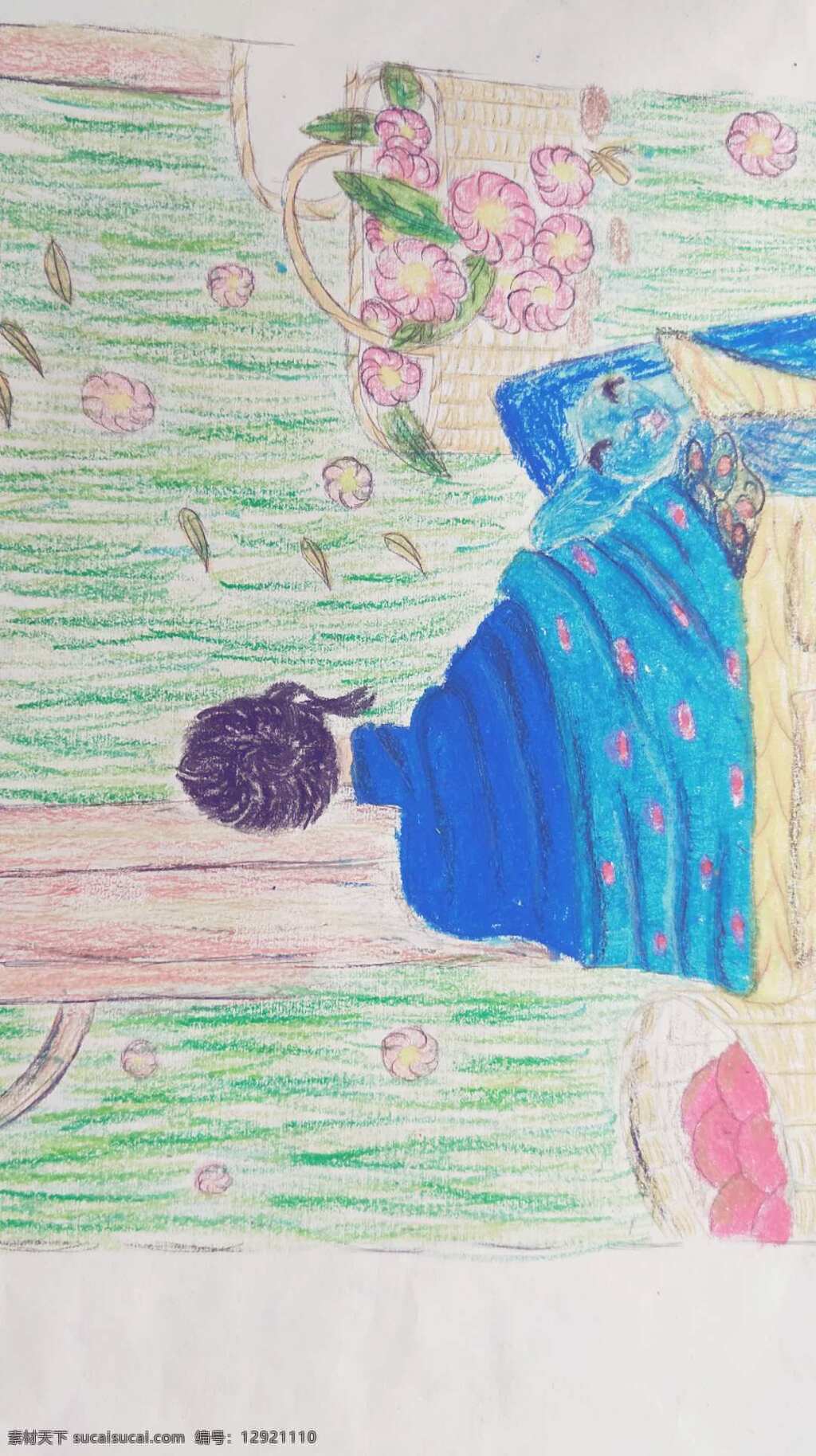 静谧 女人 生活 猫 蓝色 花 油画棒作画 人物图库