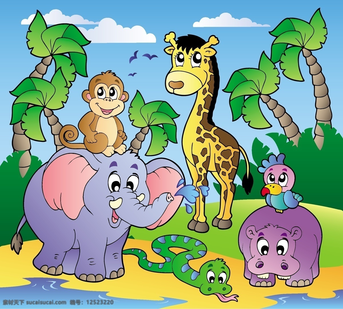 可爱 卡通 动物园 大象 猴子 河马 巨蟒 小鸟 飞鸟 草地 绿地 树木 蓝天 白云 非洲 动物 野生动物园 风景 矢量素材 自然风景 自然景观 矢量