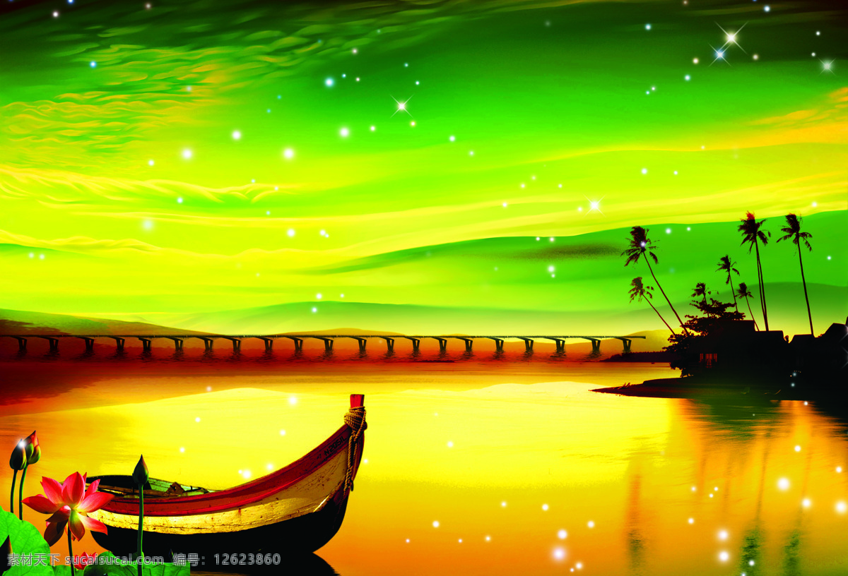 欧式 梦幻 湖上 孤舟 萤火虫 油画 背景 墙 背景墙