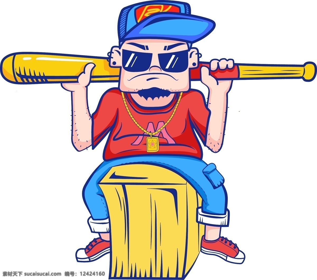 背着 棒球 棒 墨镜 潮 男 商用 元素 手绘 卡通 棒球棒 潮男