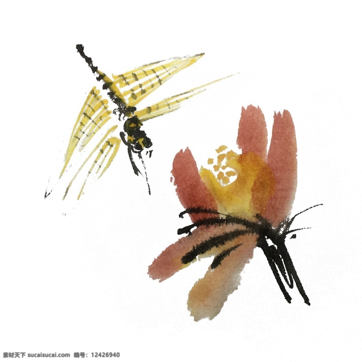 水墨 风 手绘 蜻蜓 插画 中国风 动物 古风 水墨风 墨迹 夏季 彩色 昆虫 春天 生动 花草 国风