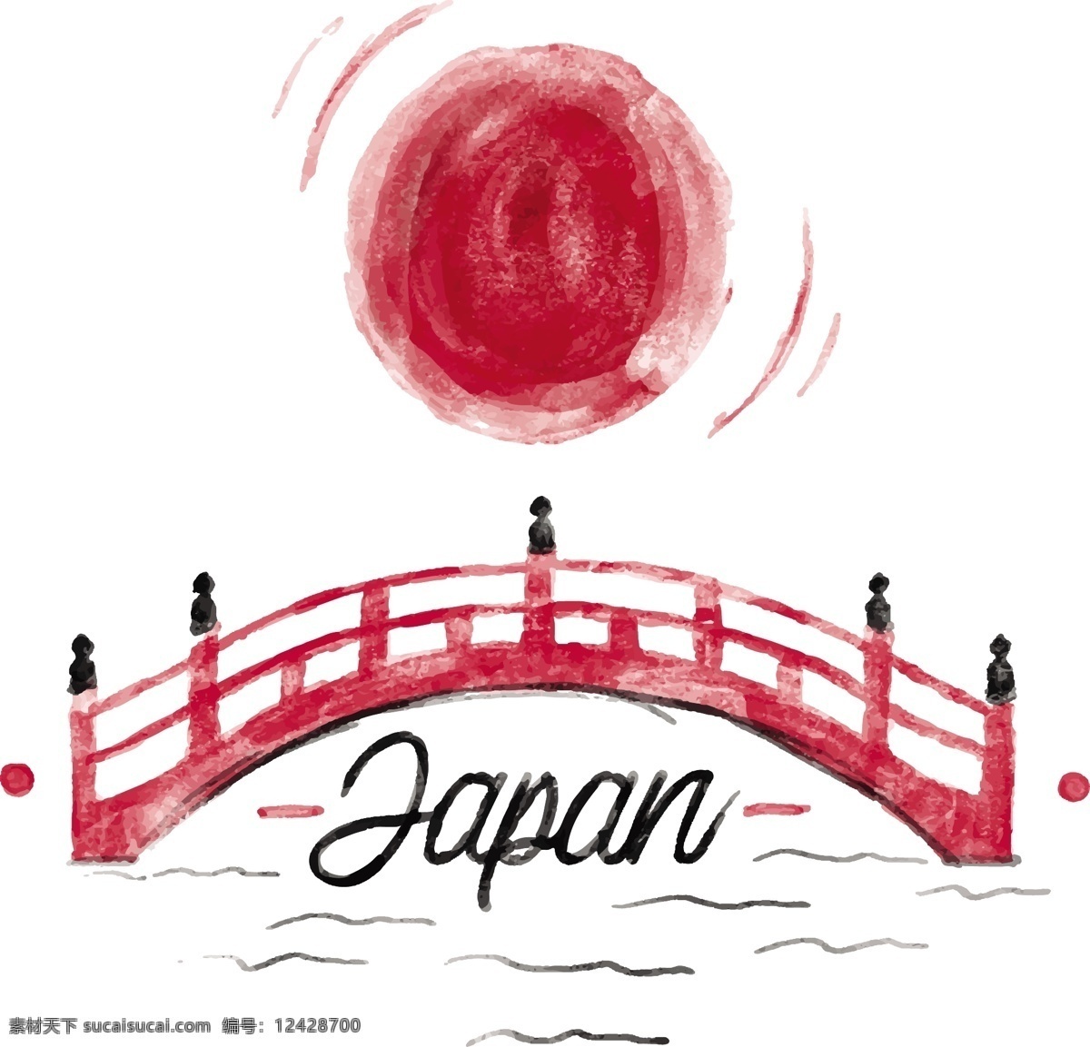 日本 风格 水彩 插画 日本元素 矢量素材 背景素材 背景 日本背景 日本风格 水彩插画 日本插画 桥 日本桥 红日