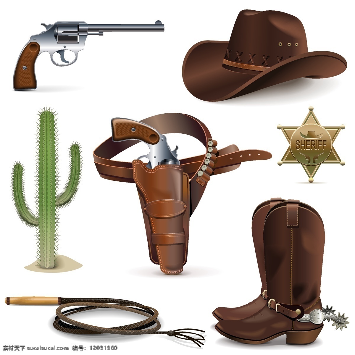 西部牛仔用品 左轮手枪 马鞭 靴子 帽子 牛仔 手绘 矢量 生活百科 生活用品