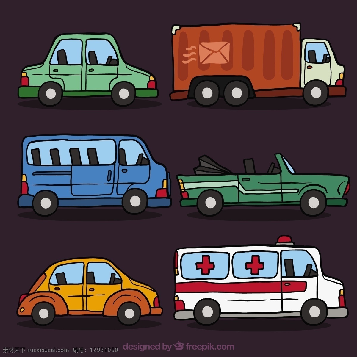包装 装饰 手绘 车辆 车 一方面 卡通 色彩 汽车 公共汽车 运输 救护车 画 粗略 草图 卡车