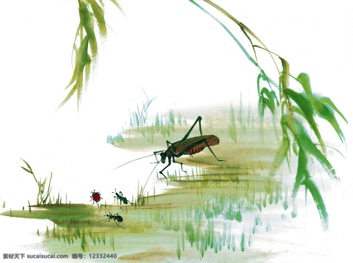 蝈蝈的画 水墨画 蝈蝈 蚂蚁 瓢虫 竹子 叶子 竹叶 水边 文化艺术 绘画书法 国画系列 设计图库