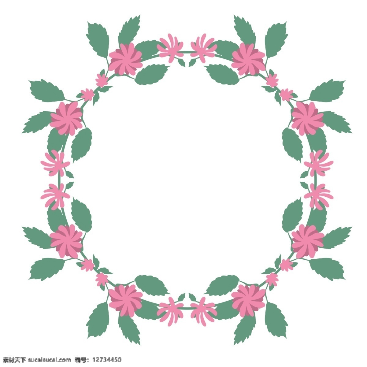 粉色 小花 花环 插画 粉色的小花 绿色的叶子 创意花环 立体花环 拼接花环 圆形花环 植物花环