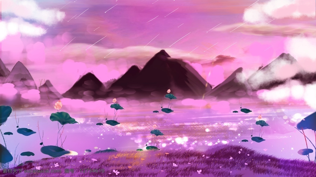 梦幻 荷花 紫色 天空 背景 色彩 背景素材 广告背景 彩色背景