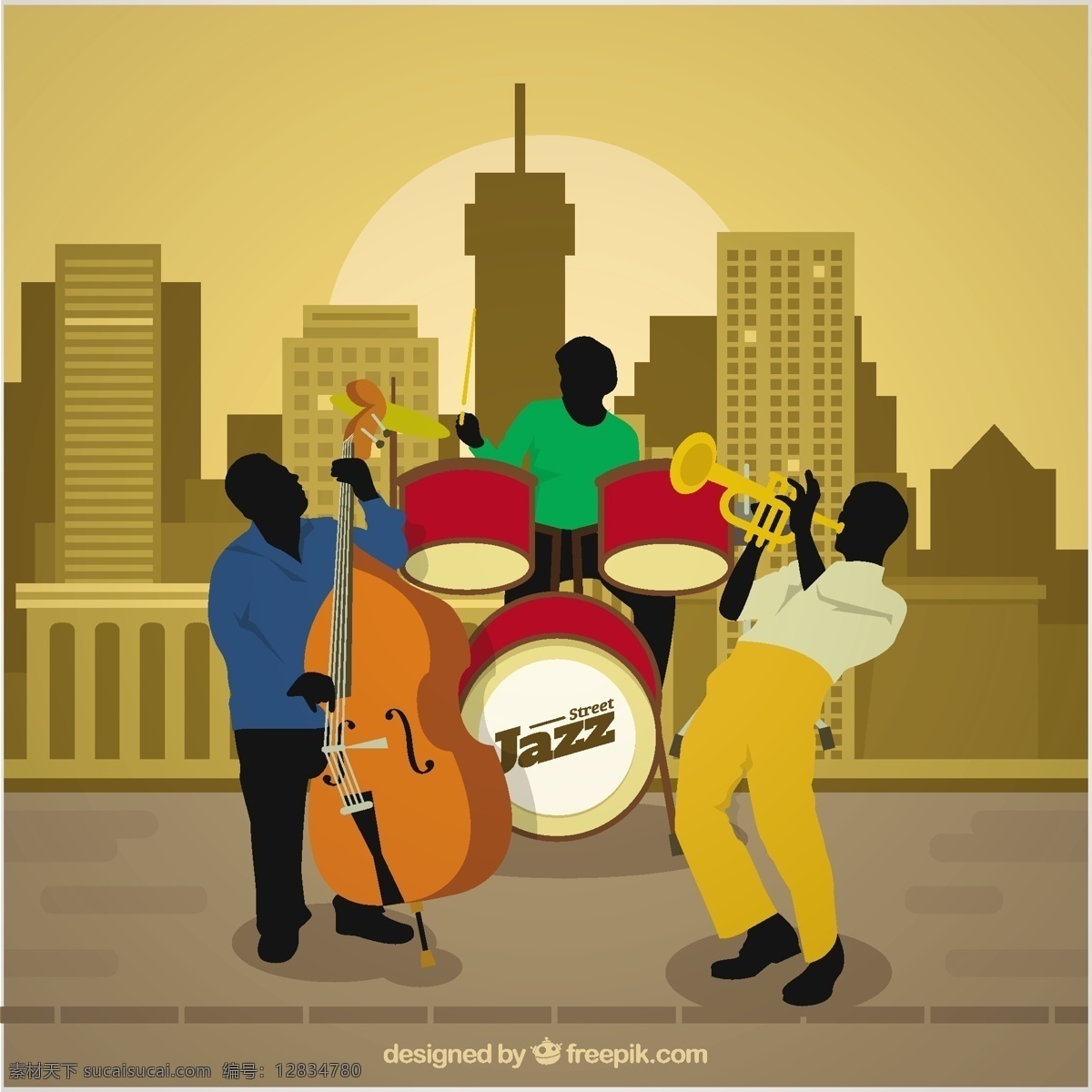 爵士乐队 音乐 城市 天际线 乐队 爵士乐 乐器 鼓 城市天际线 喇叭 歌曲 低音 双低音 黄色