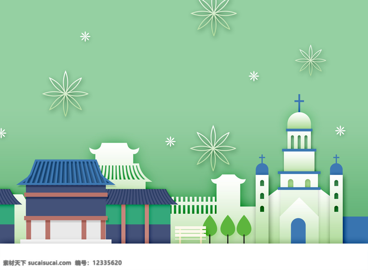 清新 韩式 春天 气息 卡通 立体 花朵 建筑 背景 城市 绿色 古典 小清新 扁平 花 城堡