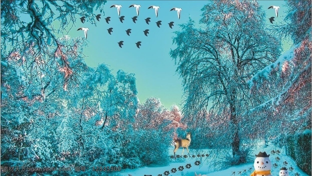 冬的季节 小狼 雪人 脚印 鸟 冬天 树 雪 背景 兔子 小鹿 老鼠