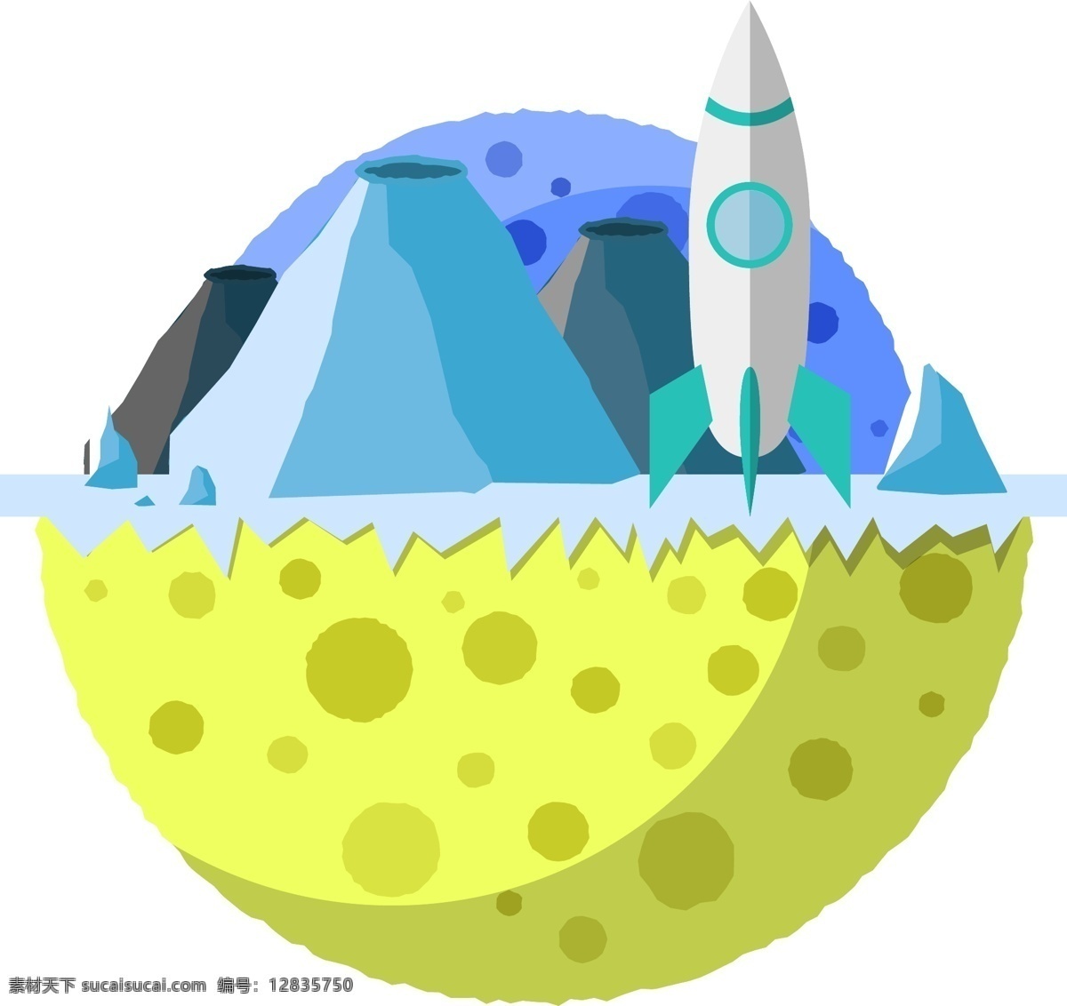 卡通 风格 外 星球 上 景观 卡通风 扁平化 外星球 月球 行星 火箭 飞船 火山 山体 岩石 球洞 降落 外太空 宇宙 宇航日