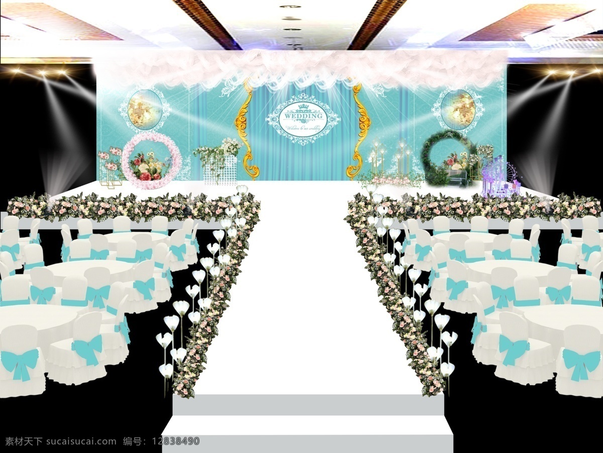 蓝色 婚礼 效果图 蓝色婚礼背景 路引 桌子 樱花 沙曼 射灯 鲜花 分层