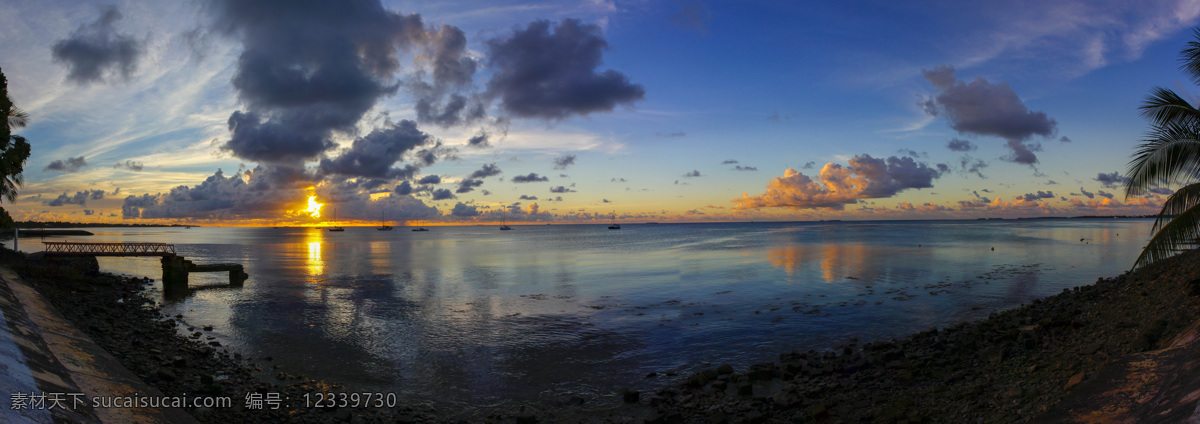 夕阳 海面 素材图片 云彩 天边 黑色