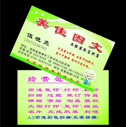 图文店名片 广告 图文 店 名片 淡绿底纹 高档背景 高档名片 个性名片 广告公司名片 花 漂亮花束 个性设计 形象设计 传媒 会议策划 业务范围 现代设计 名片卡片 矢量