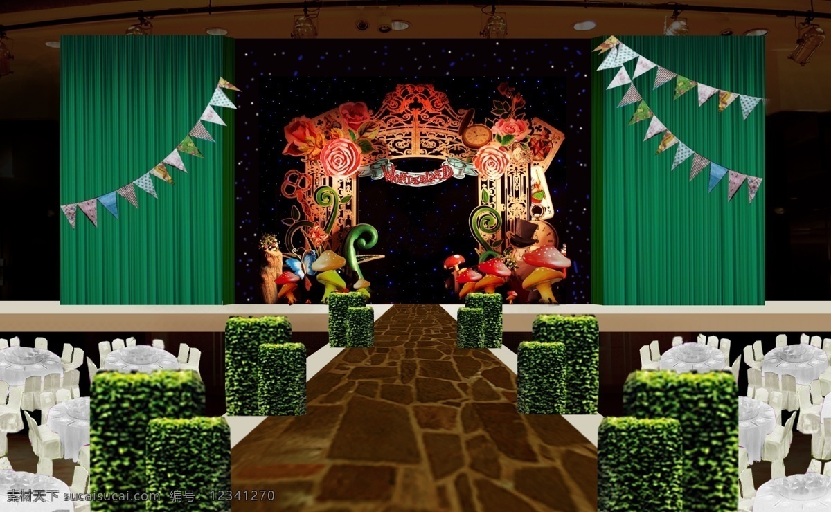 爱丽丝舞台 绿色森系 婚礼设计图 绿色 森系 草皮 爱丽丝 婚礼 效果图