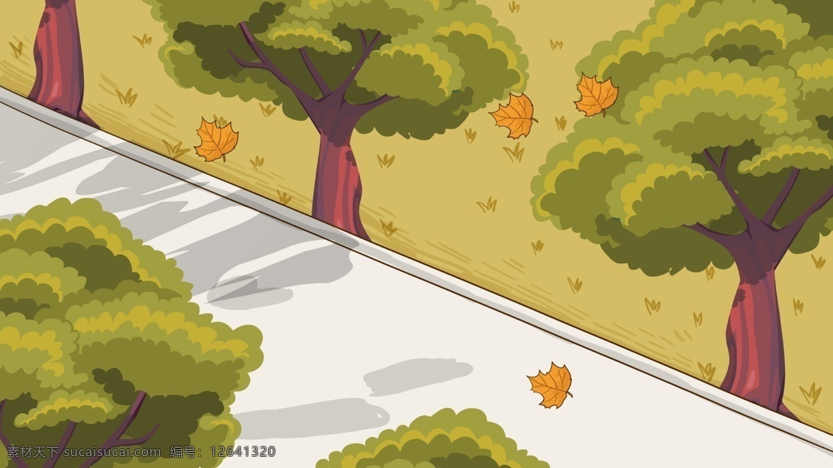道路 两边 绿树 卡通 背景 树木 草地 秋天 落叶