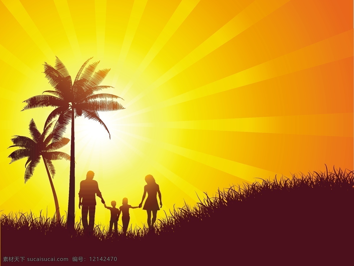 一个 家庭 漫步 夏日 风景 背景 树 人 抽象 儿童 树叶 夏天 自然 太阳 母亲 剪影 热带 棕榈树 父亲 散步