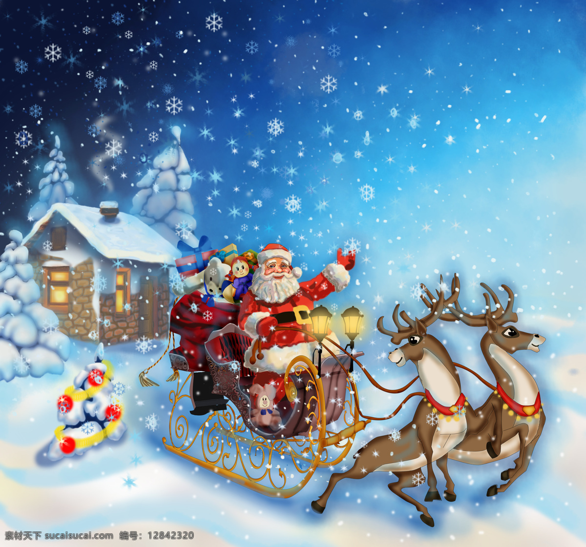 圣诞 圣诞老人 雪橇 礼物 下雪 卡通 麋鹿 雪鹿 雪车 礼盒 屋子 灯光 圣诞树 星星 雪花 圣诞背景 圣诞节 圣诞快乐 节日庆祝 文化艺术