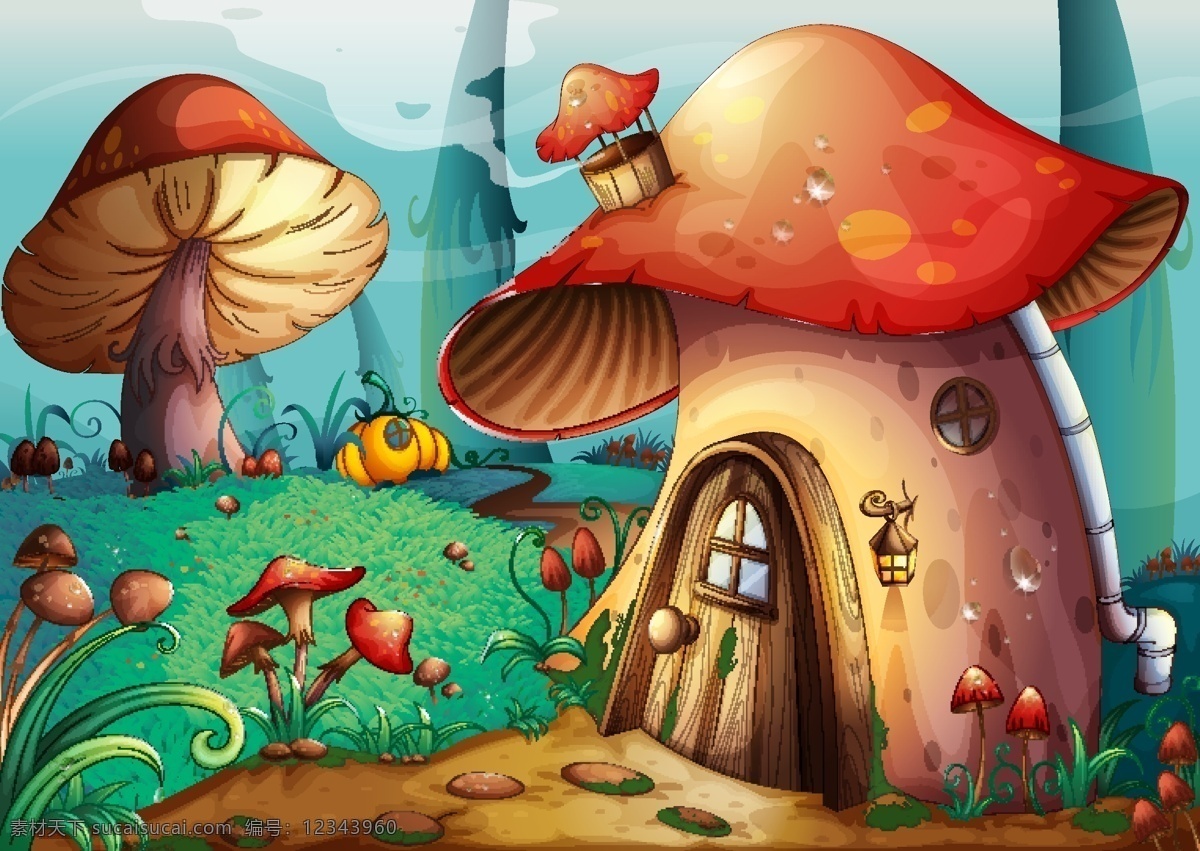卡通 森林 蘑菇 屋 矢量 蘑菇屋 草地 房子 魔法 花 城堡 背景 海报 分层