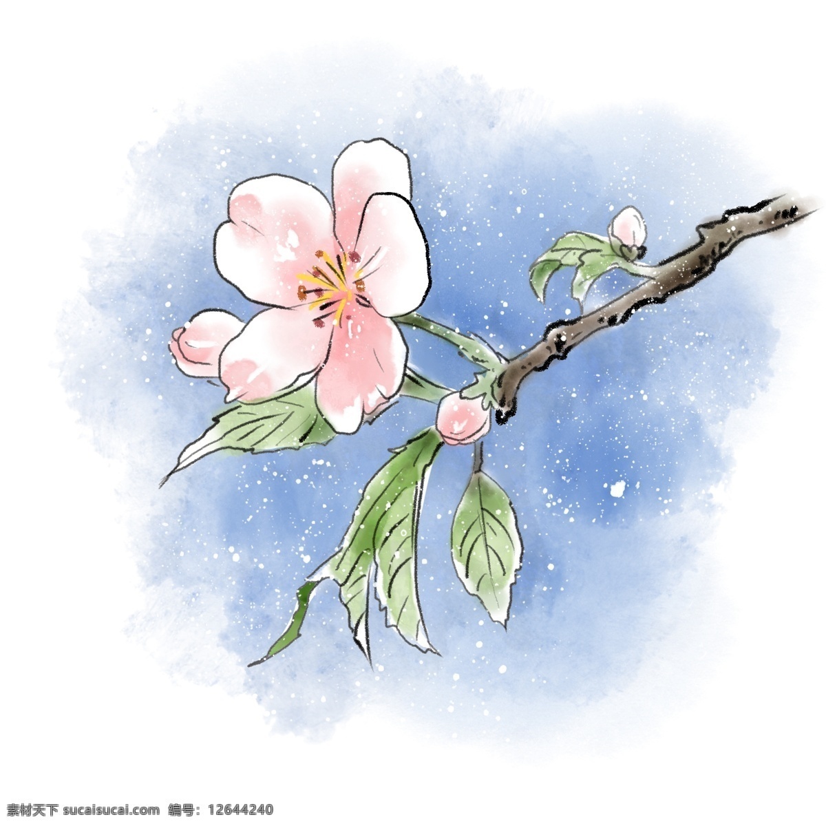 水彩 手绘 樱花 植物 花朵 桃花 春天 清明 谷雨 花瓣 小清新 自然 蓝天 盛开 花苞