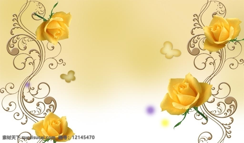 浪漫 黄 玫瑰 背景 墙 黄玫瑰 花藤 玫瑰花 蝴蝶 简约 现代 时尚 壁画 背景墙 花朵 鲜花 分层