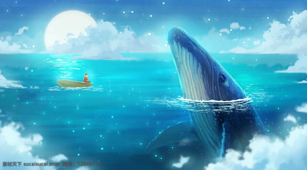 鲸鱼 蓝色 梦幻 海洋 清新 插画 卡通 云 背景