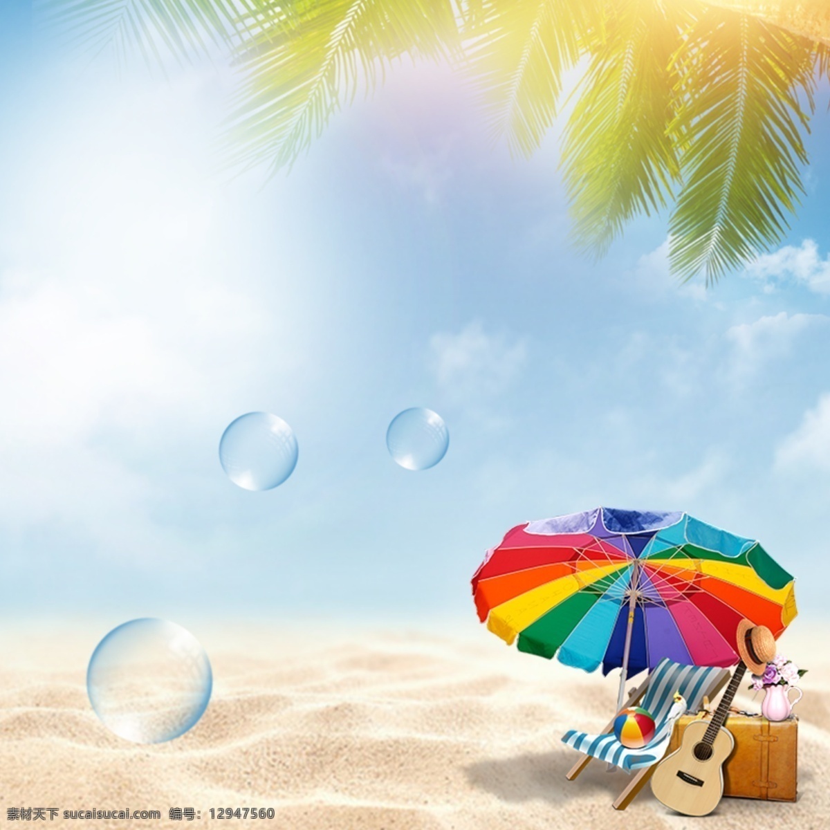 夏日沙滩背景 阳光沙滩 椰树 透明泡泡 主图 清爽背景 夏日背景 广告平面海报 分层 背景素材