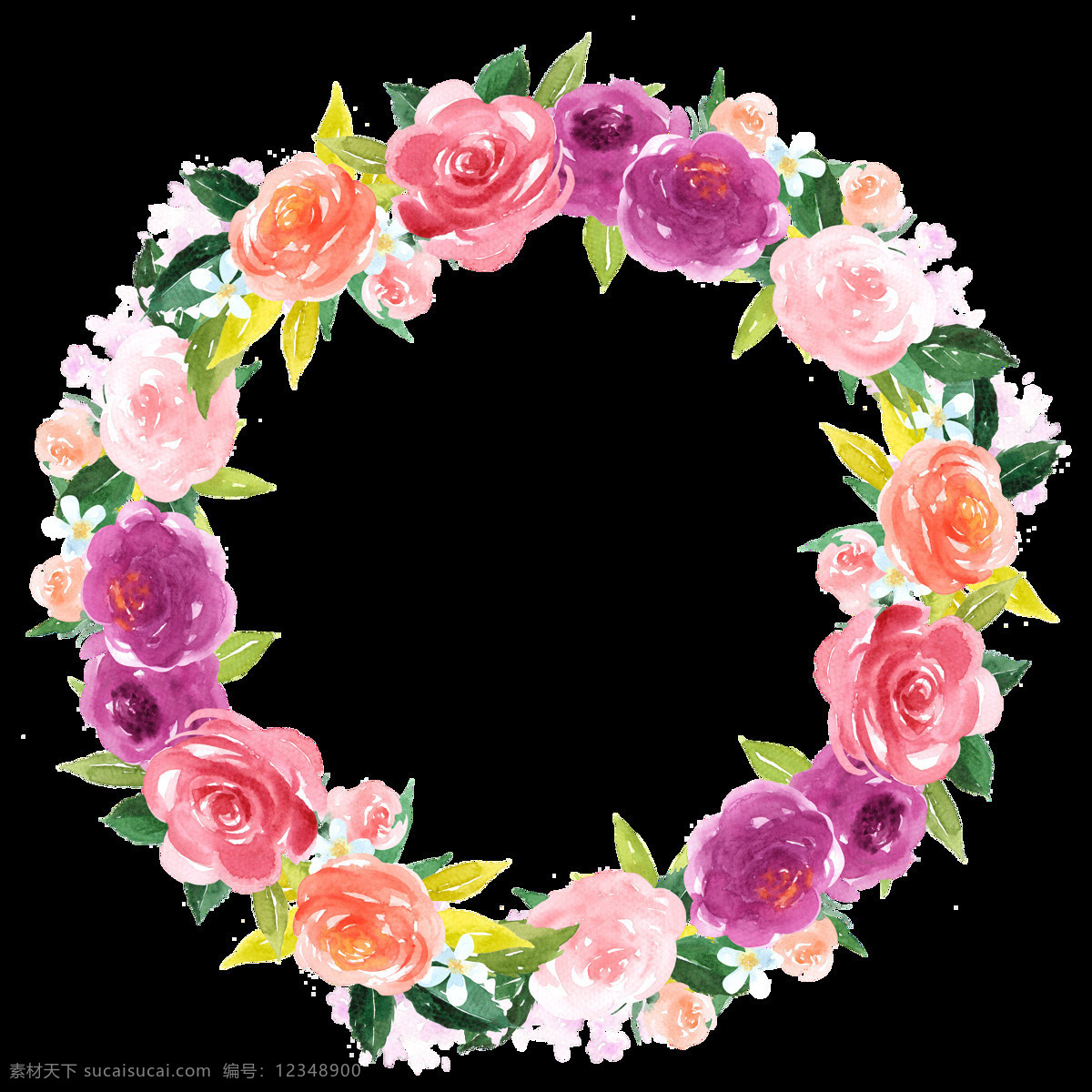 手绘 泰国 度假 带头 上 花环 透明 粉红色 橘色 绿色 玫瑰花 免扣素材 水彩 透明素材 叶子 装饰图案 紫色