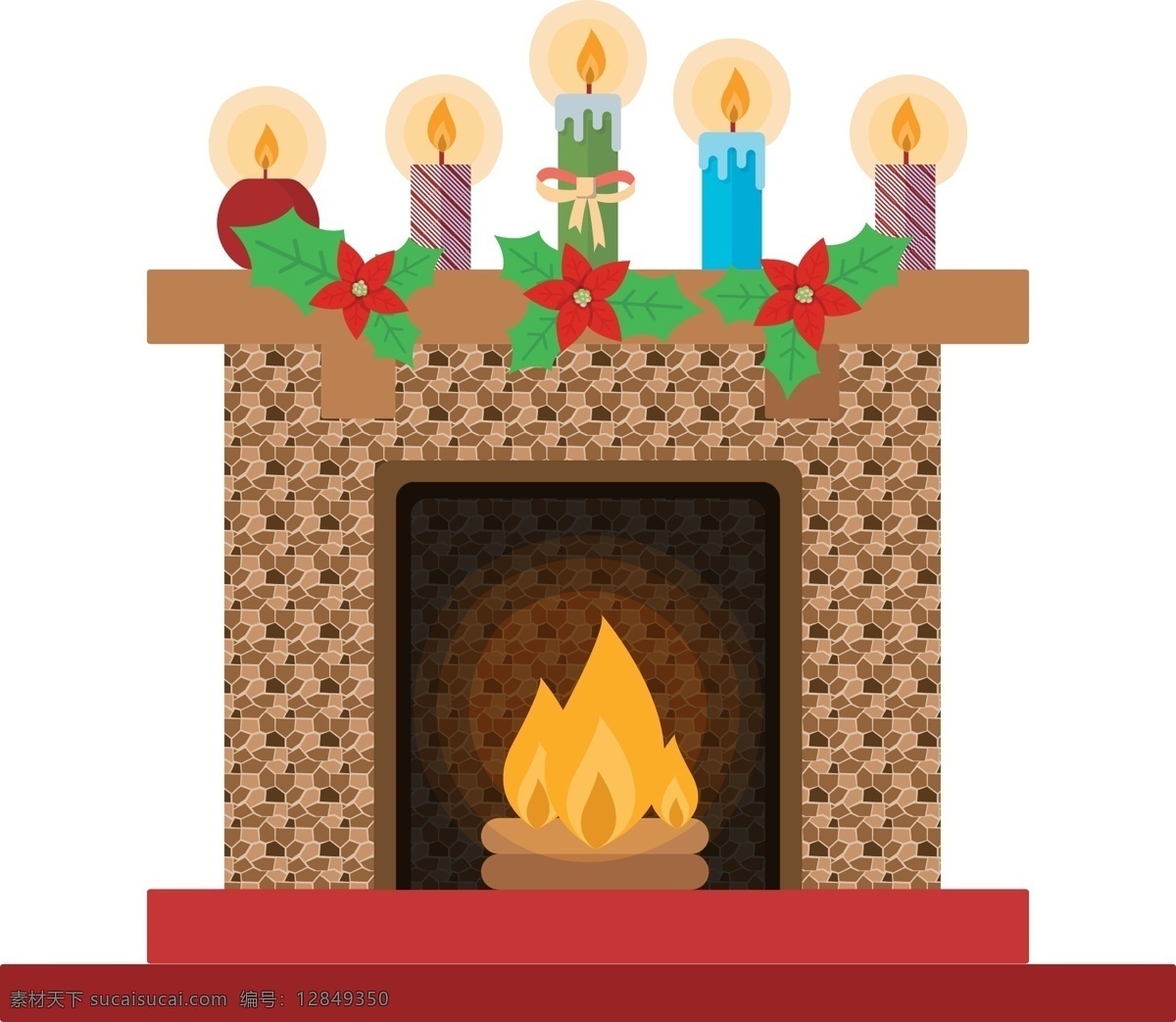 炉火 跳跃 壁炉 原创 元素 圣诞节 卡通 蜡烛 花朵 手绘