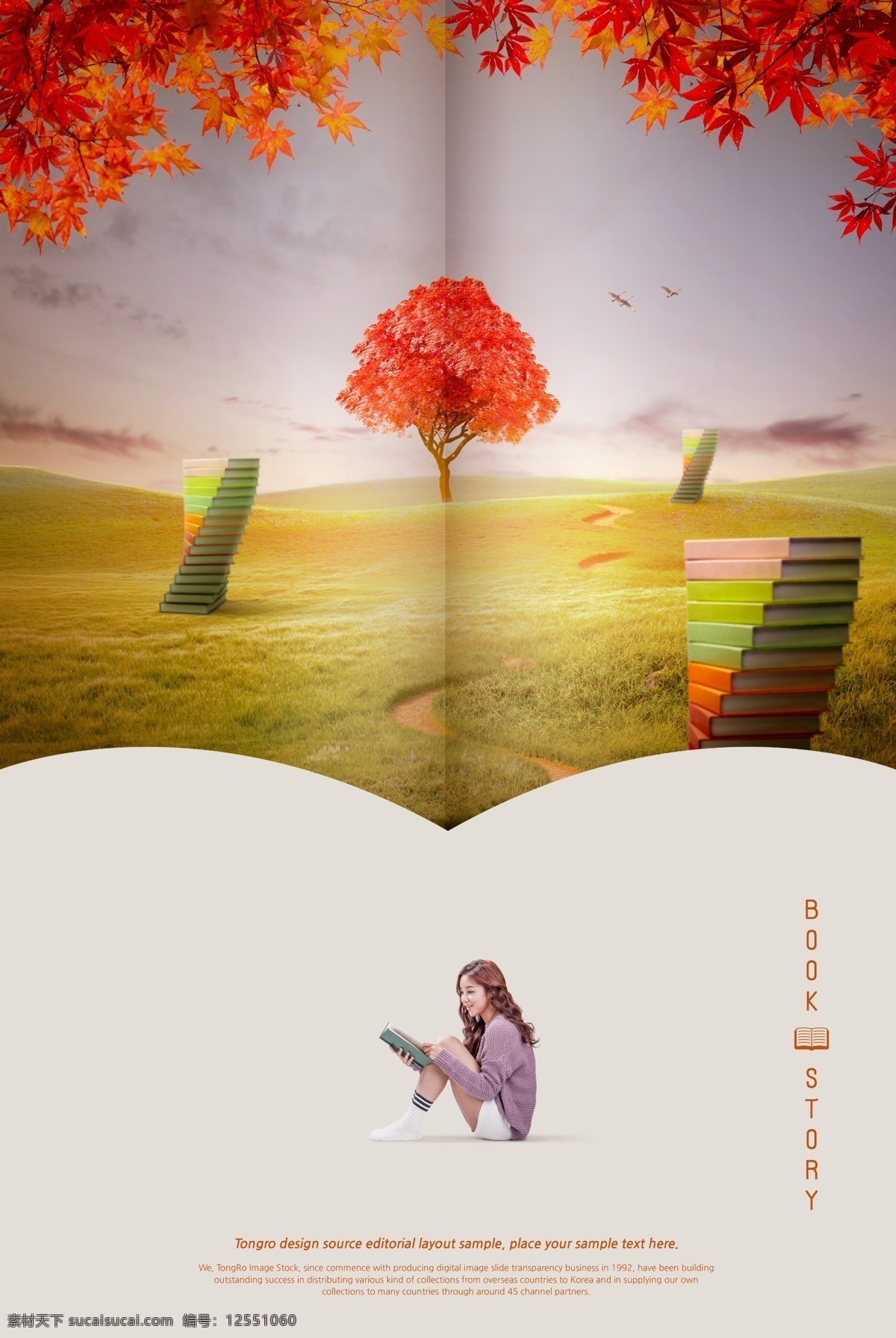 开学 季 书籍 海报 合成 秋季 书架 草坪 枫叶 合成装饰场景 分层 人物