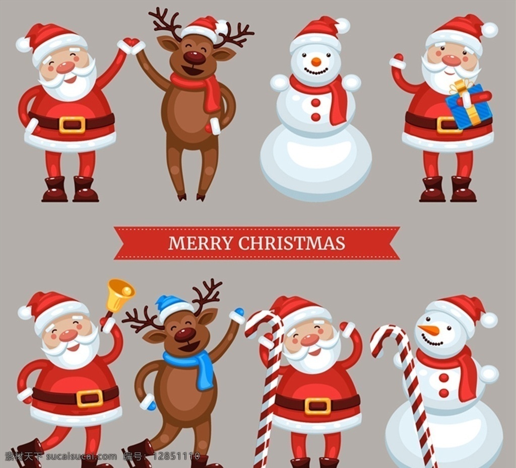 可爱 圣诞 角色 雪人 圣诞老人 驯鹿 圣诞节 圣诞铃铛 拐棍糖 矢量 高清图片