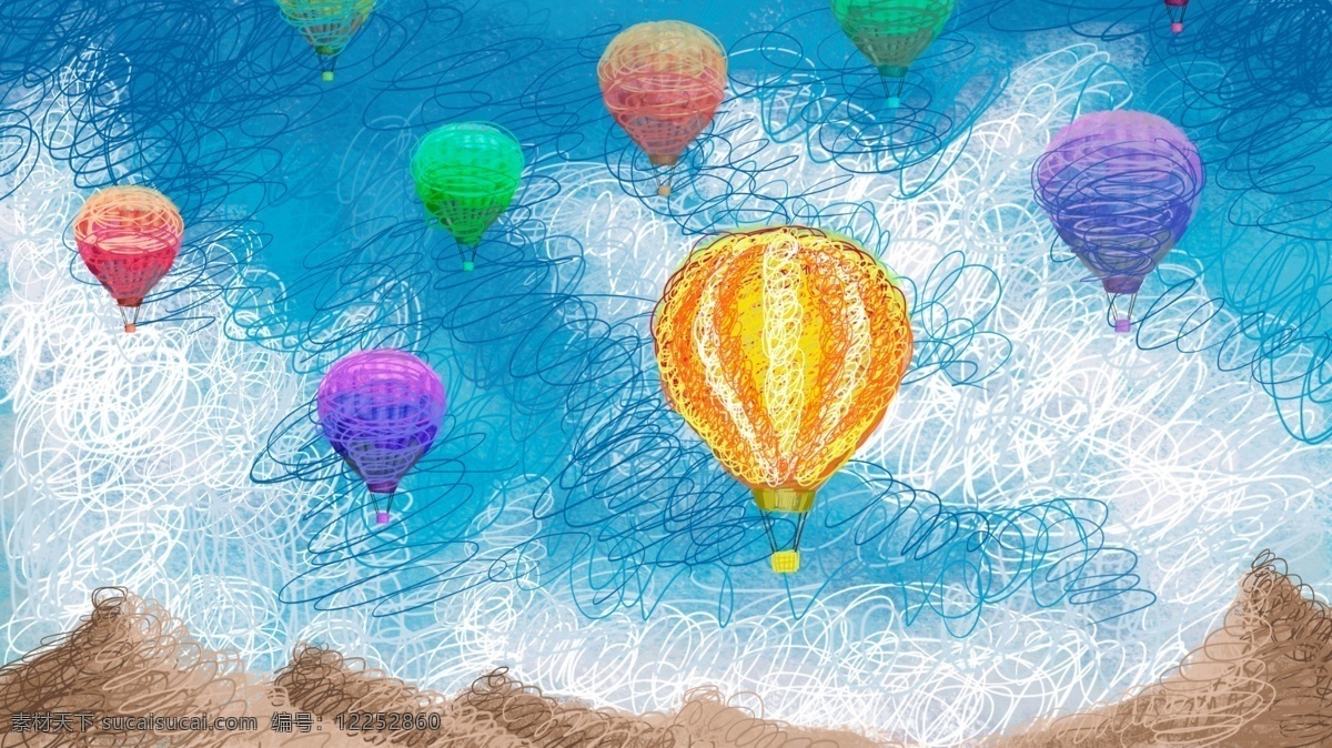 热气球 世界 旅游 日 浪漫 土耳其 线圈 插画 装饰画 蓝天白云 纹理 底纹 壁纸 插图 天空 飞 海报 背景 肌理