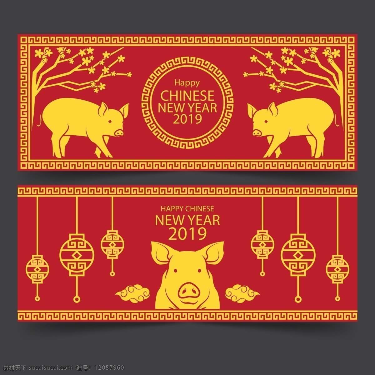 2019 金色 猪 红色 背景 横幅 红色背景 元旦 过年 新年 猪年 除夕