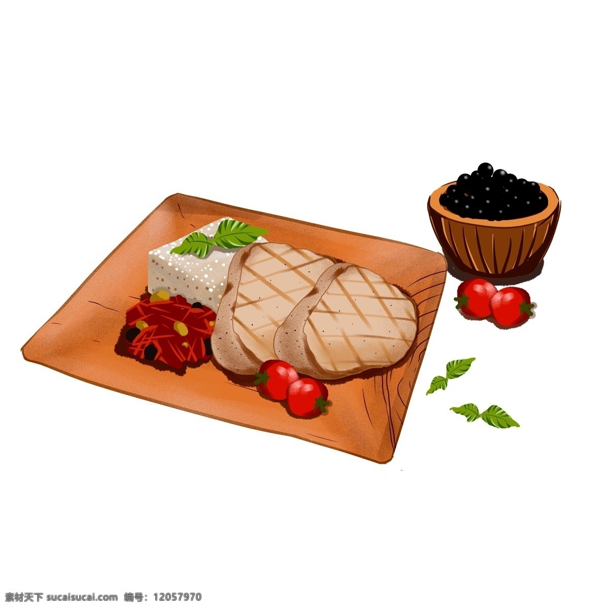 手绘 牛排 元素 卡通 美食 食物 插画 砧板 番茄 黑米