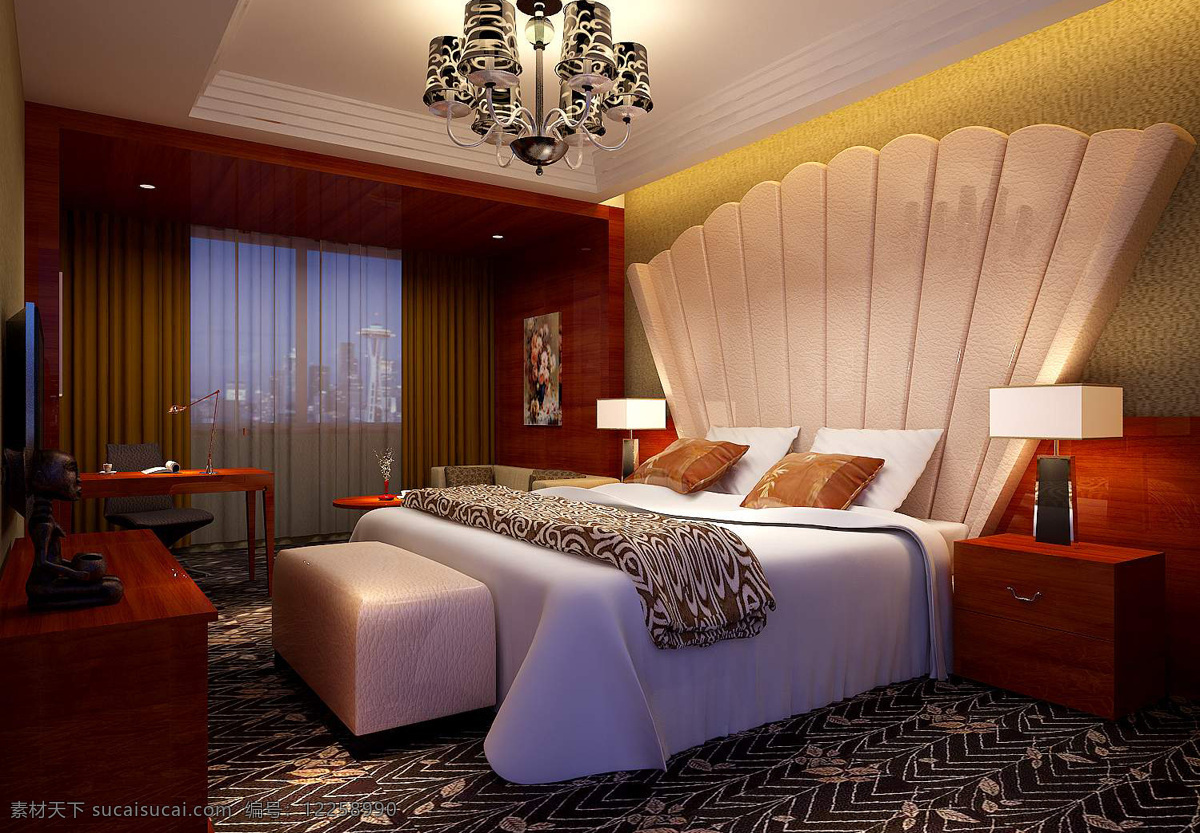 现代 时尚 卧室 模型 3d模型 床头柜 灯具设计 电视机 室内家居 双人床 max 黑色