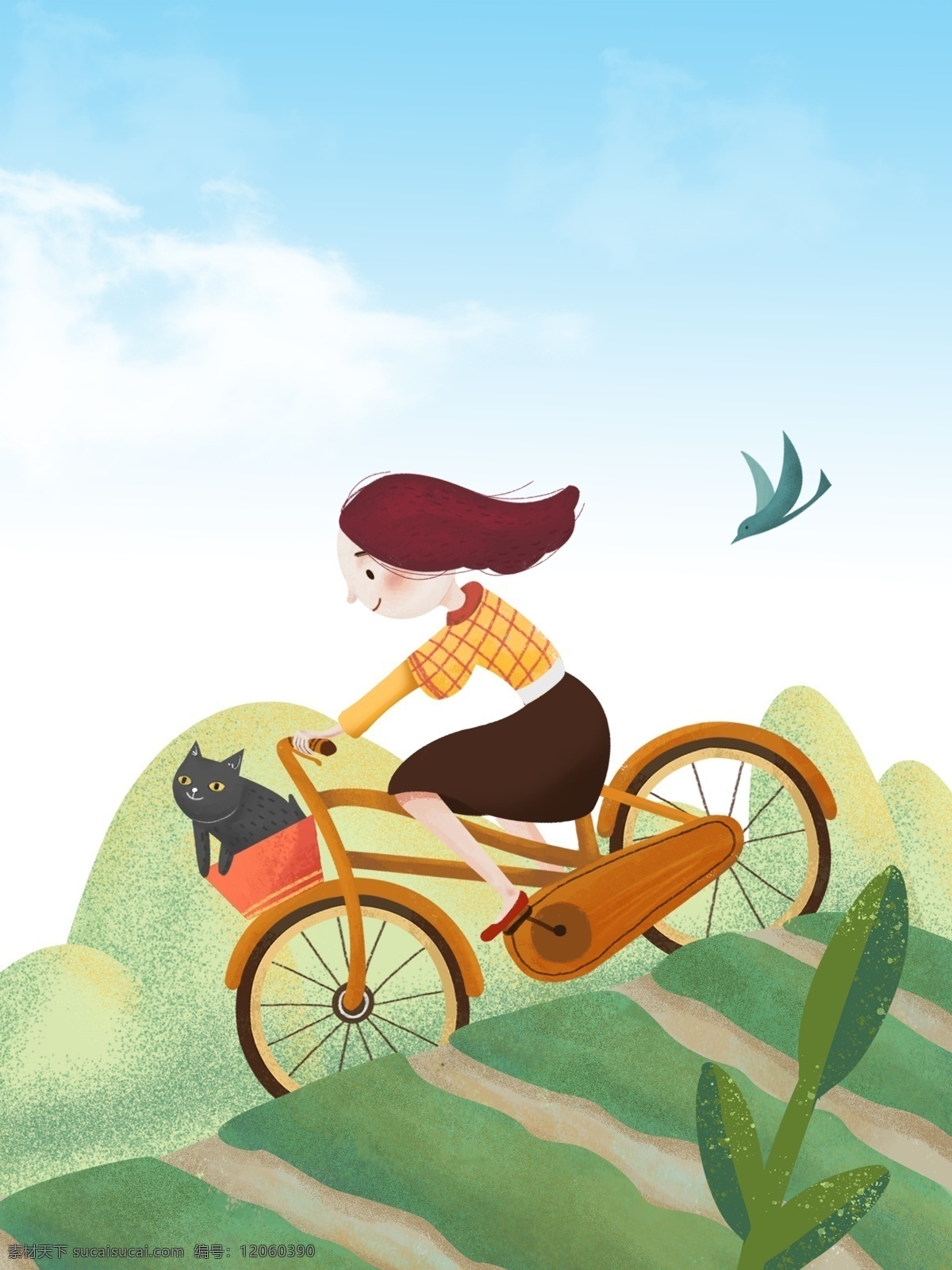 春季 野外 郊游 骑 自行车 背景 骑自行车 女孩 燕子 草地 蓝天