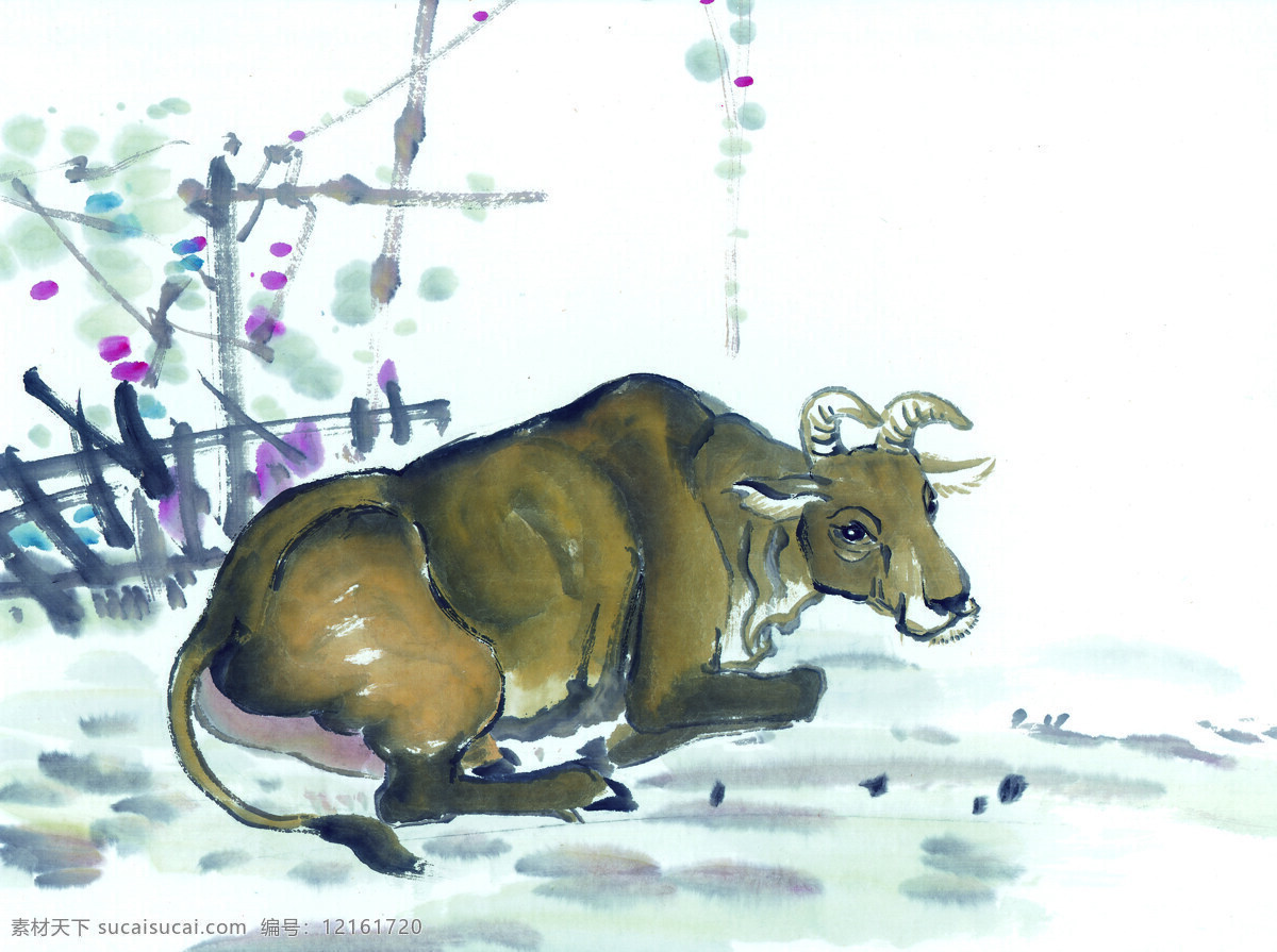 十二生肖 牛 水彩画 水墨画 中国风 羊 牛马 猪 鼠 兔 龙蛇 猴 狗 鸡 文化艺术