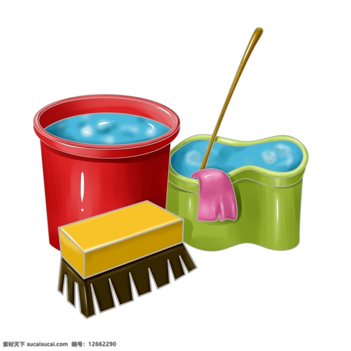 笤帚 水桶 卡通 插画 红色的水桶 黄色笤帚 扫地 打扫 卫生用品 绿色拖布桶 紫色的抹布 清洁用品插画