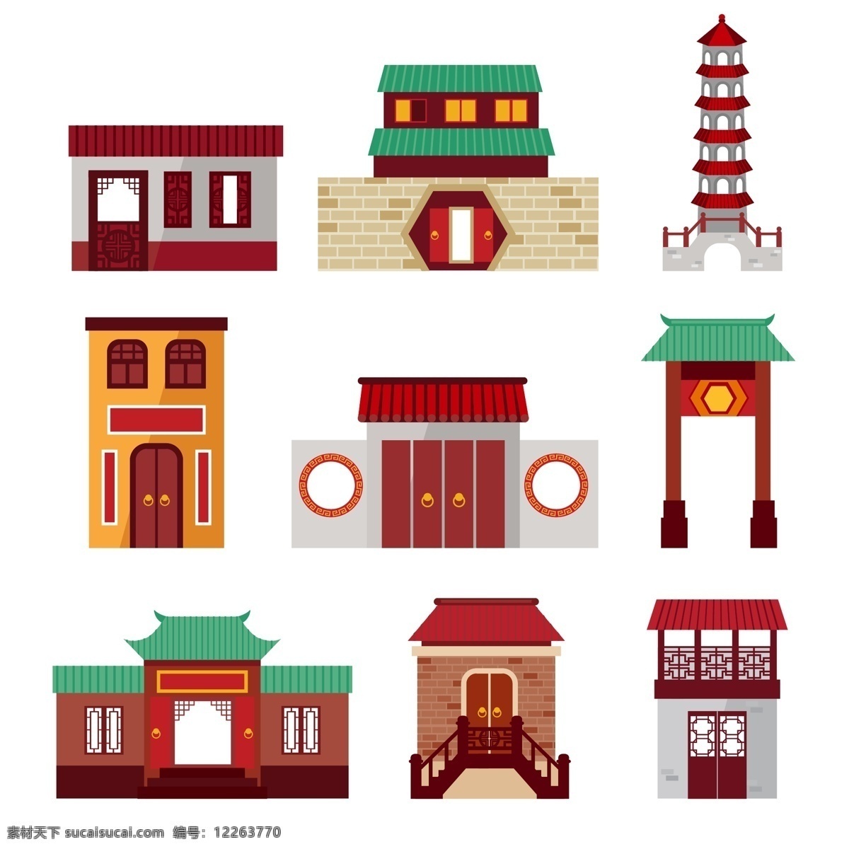 扁平 创意 趣味 仿古 中国 建筑 房子 高塔 古代 特色
