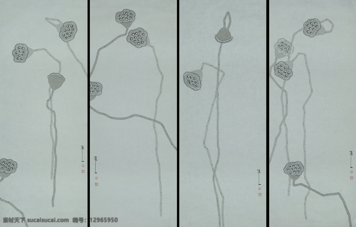 清艳 国画 装饰画 水墨画 花鸟 国画四条屏 莲 文化艺术 绘画书法