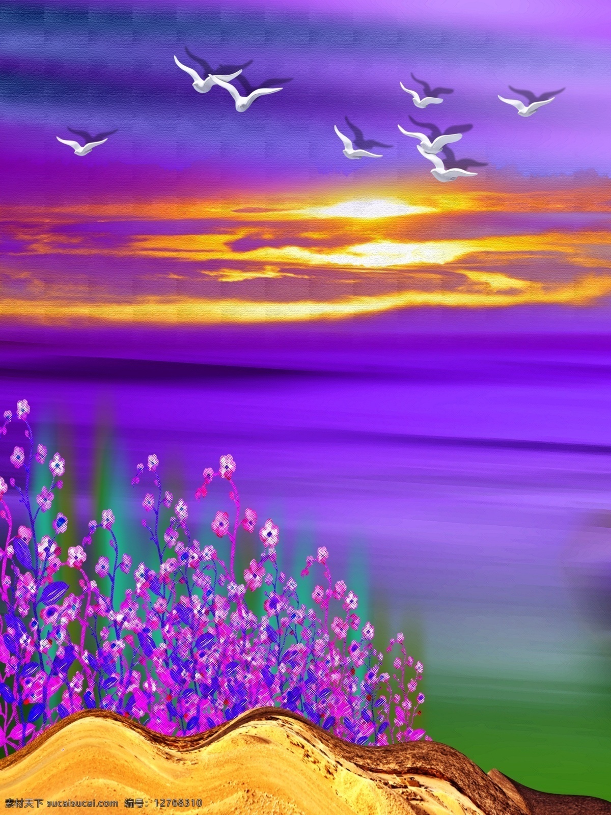 简约 紫色 梦幻 薰衣草 客厅 装饰画 浮雕海鸥 蓝色渐变天空 梦幻薰衣草 一联画 落日余晖