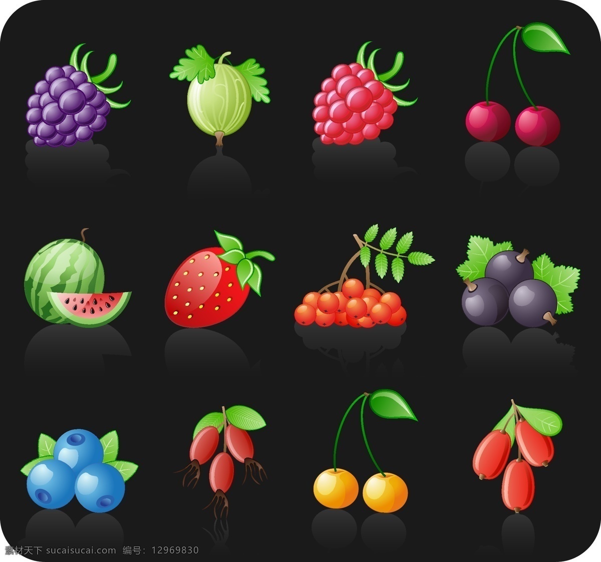 种 新鲜 水果 图标 矢量 蓝莓 梨子 樱桃 西瓜 草莓 桑葚 食品果蔬 分层
