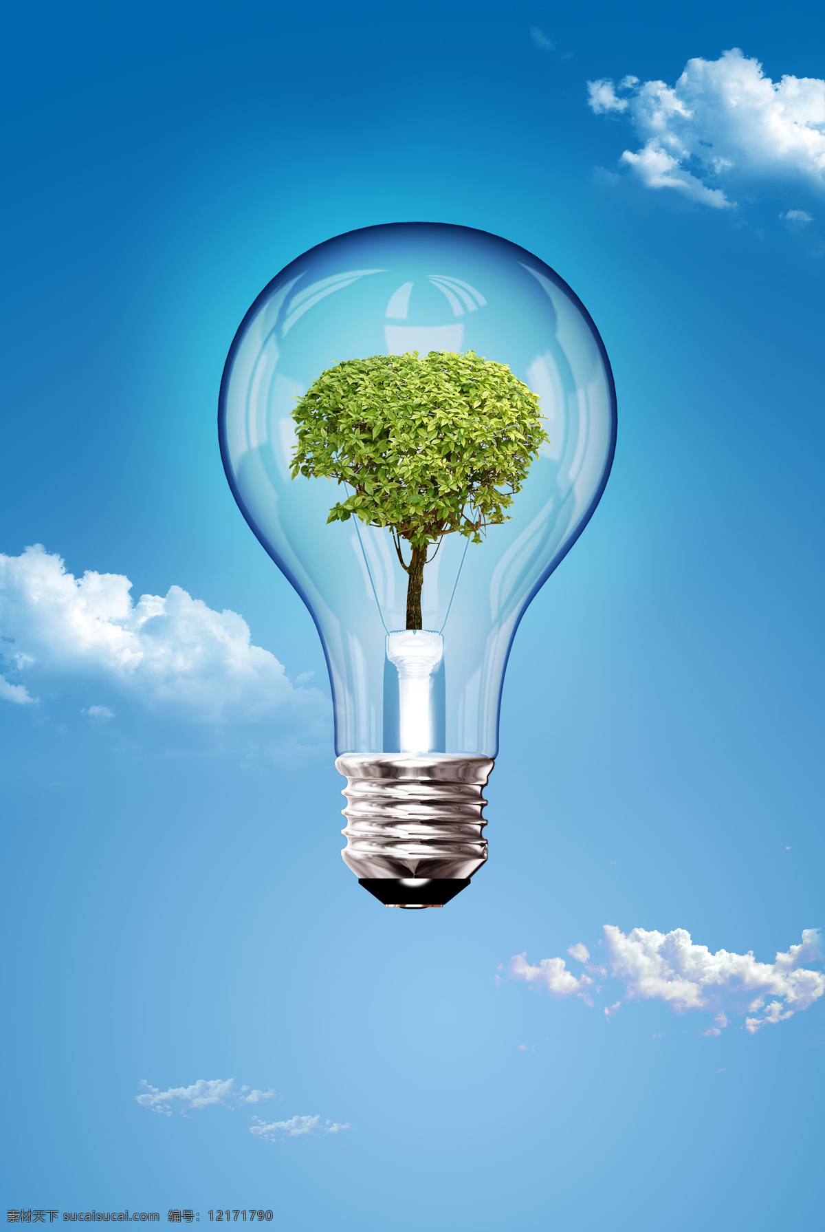 灯泡图片下载 环保灯泡 透明灯泡 蓝天白云 绿色树木 高清图片