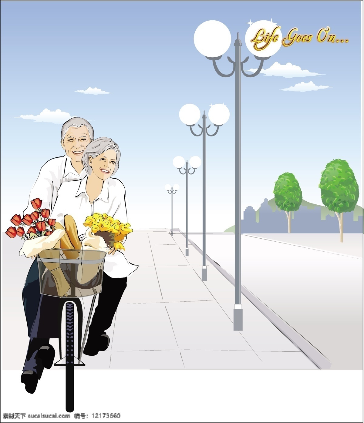 幸福的晚年 骑 自行车 去 买 花 鲜花 买花 路灯 道路 城市 白发苍苍 老年人 夫妻 恩爱 幸福 晚年 爷爷 奶奶 矢量 夕阳红 老人 白色