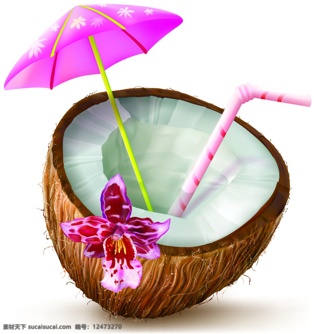美味 棷 汁 海报 水果 花朵 夏天 植物 椰树 椰汁 小伞 吸管 兰花